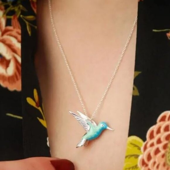 Dainty Silver Tone Blue Hummingbird Necklace - Picture 1 of 2